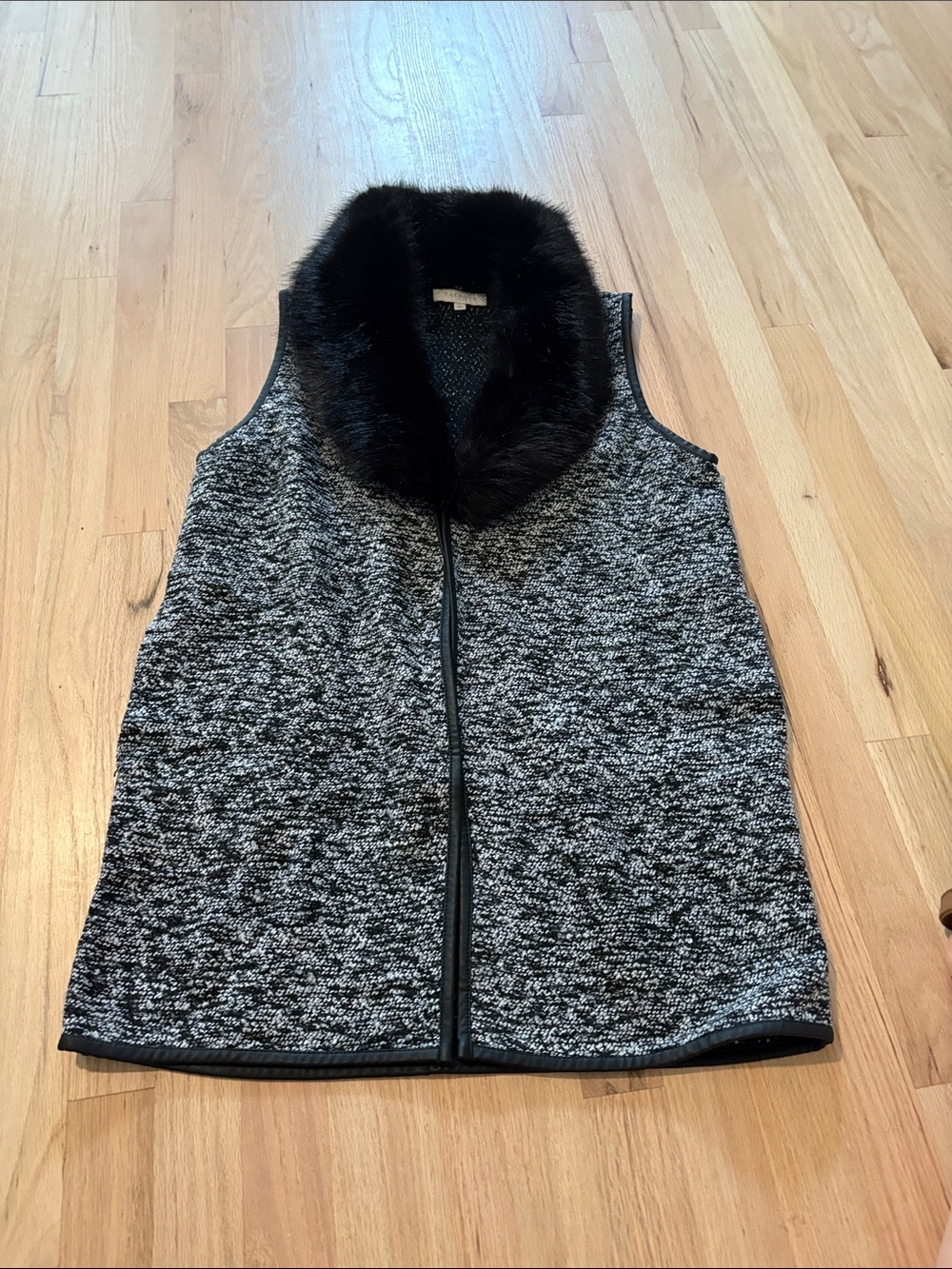 Talbots Black Faux Fur Collar Knit Vest